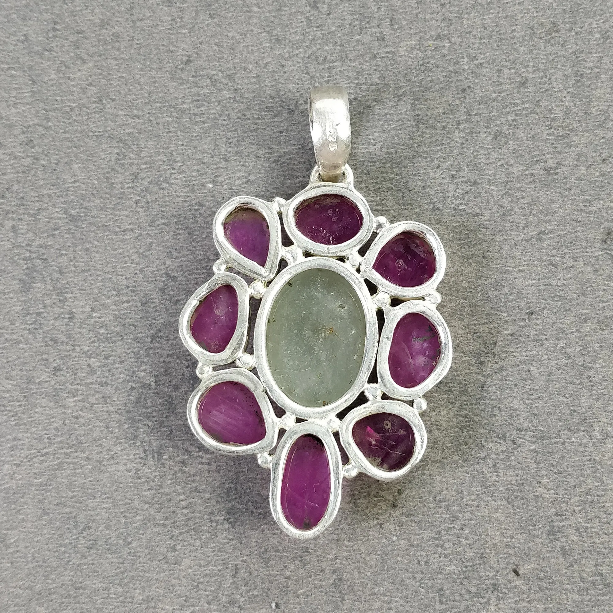 925 Sterling Silver PENDANT : Natural Aquamarine & Glass Filled RED RUBY Gemstones Cabochon And Faceted Bezel Set Pendant 2.25"