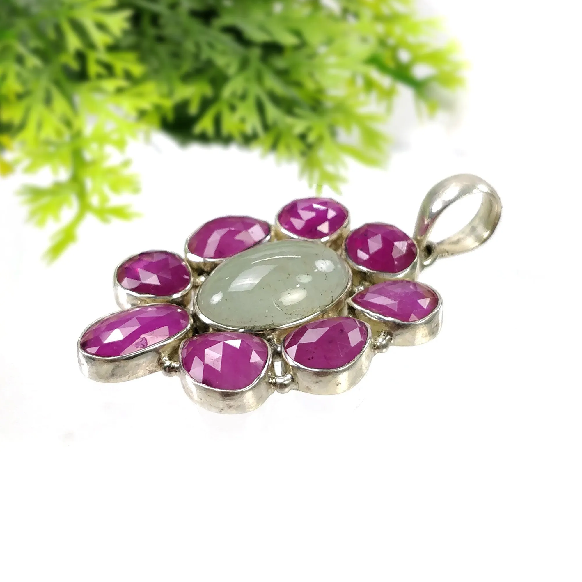 925 Sterling Silver PENDANT : Natural Aquamarine & Glass Filled RED RUBY Gemstones Cabochon And Faceted Bezel Set Pendant 2.25"