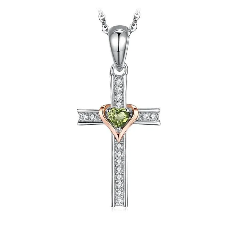 925 Sterling Silver Peridot Heart Crystal on Silver Cross Pendant and Chain Necklace