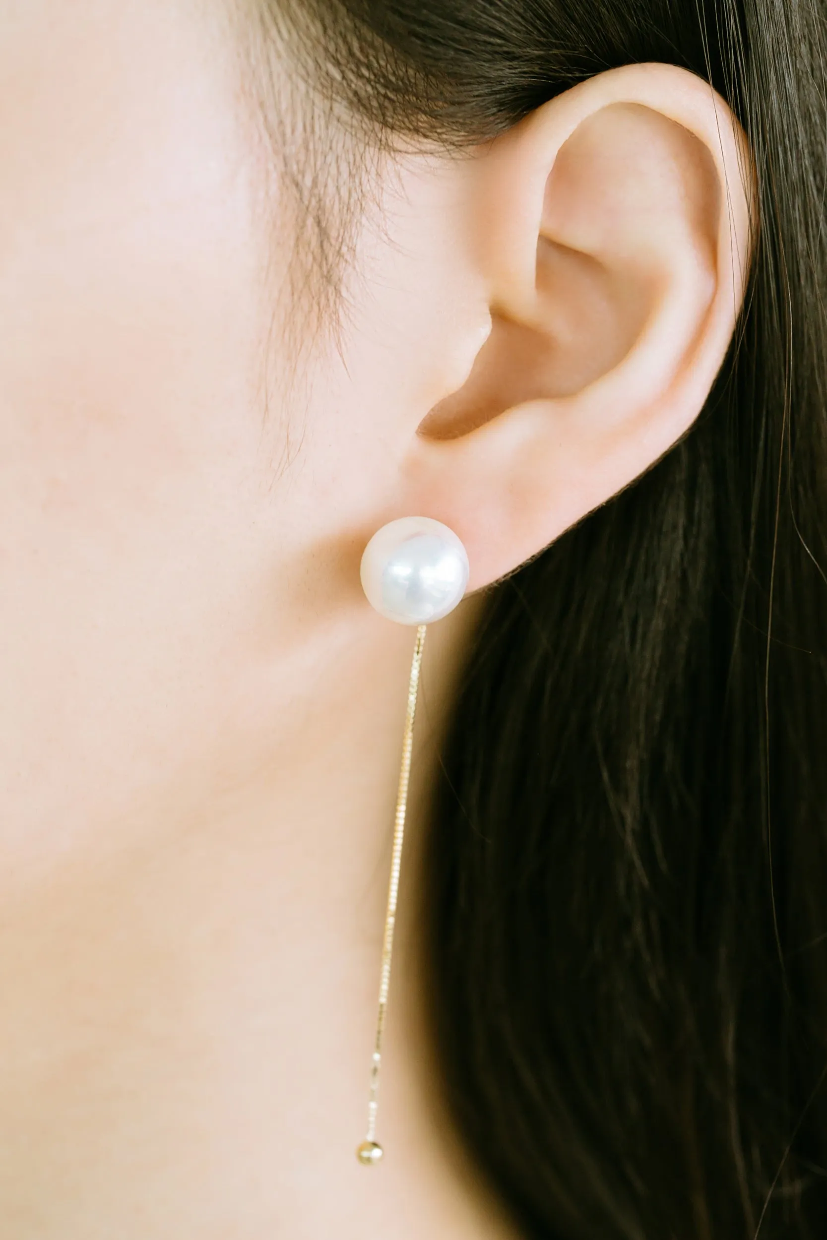 925 Sterling Silver Simulated Pearl Dangling Snake Chain Ball Ear Studs Post Earrings