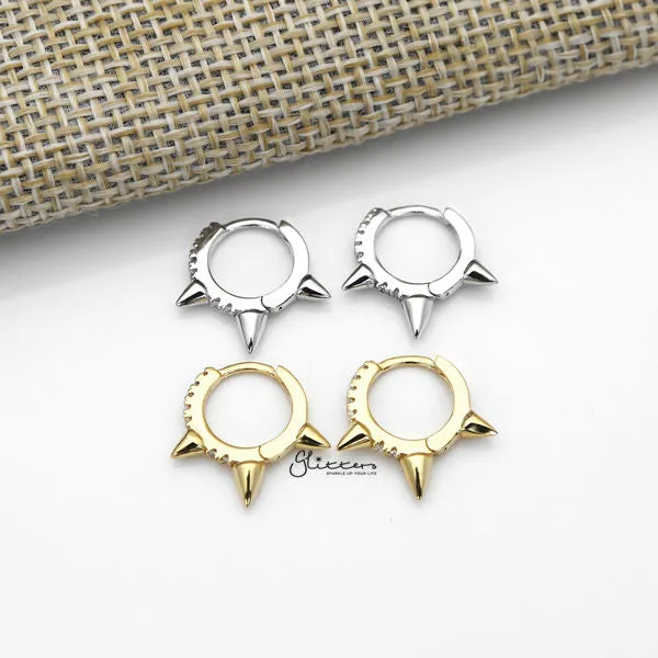 925 Sterling Silver Spikes C.Z One-Touch Huggie Hoop Earrings