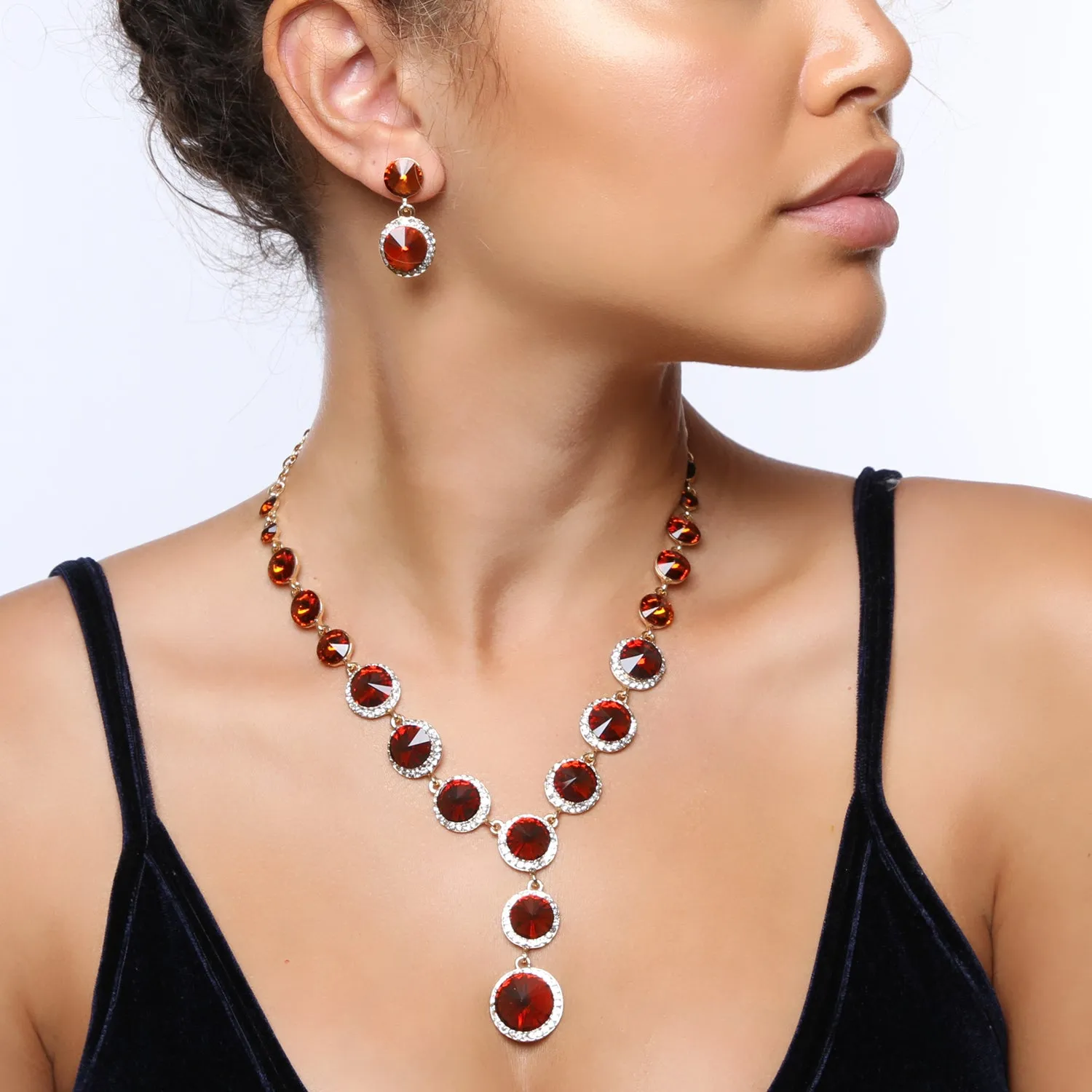 Aaliyah Round Drop Rhinestone Necklace & Earring Set