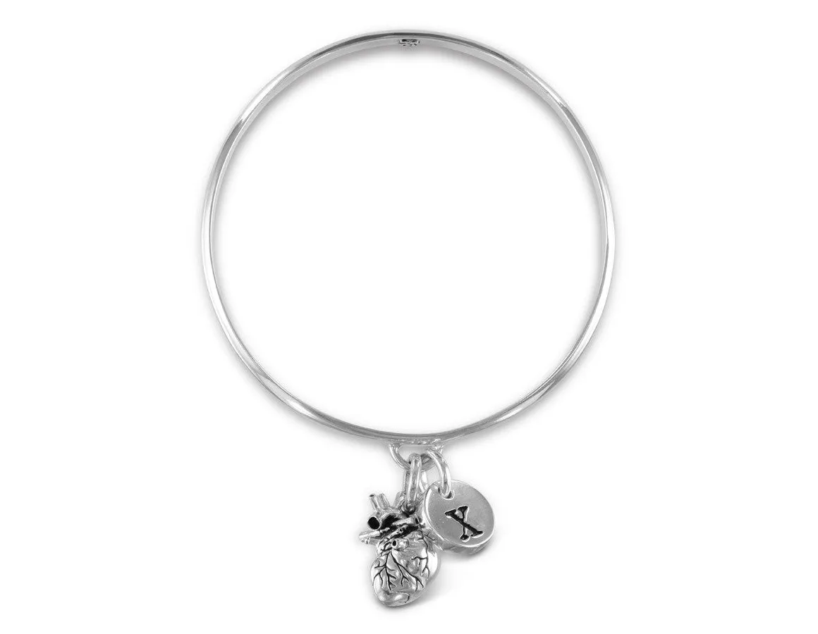 Anatomical Heart Bangle with Initial Charm - Silver