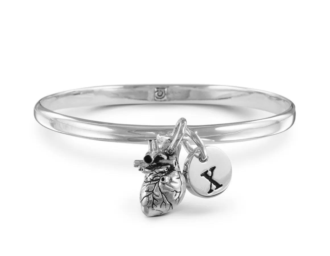 Anatomical Heart Bangle with Initial Charm - Silver