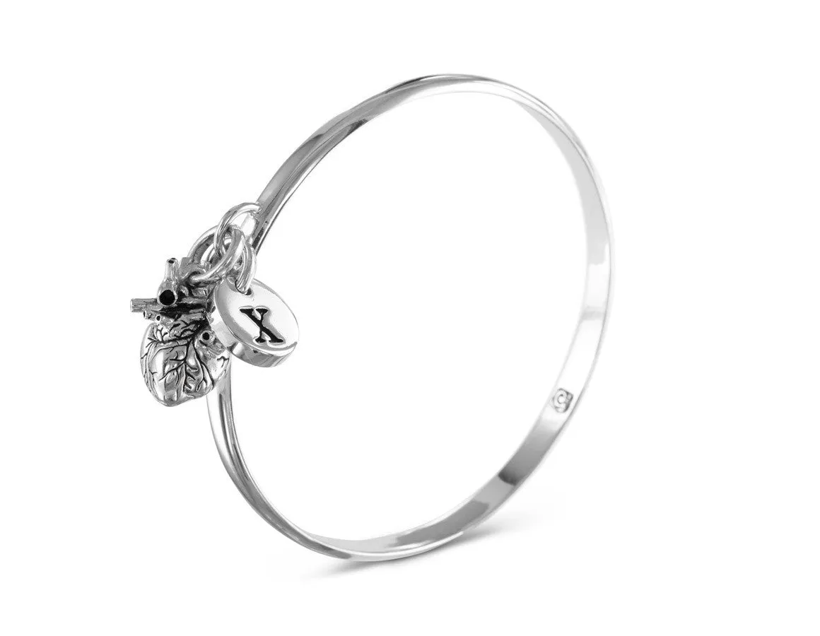 Anatomical Heart Bangle with Initial Charm - Silver