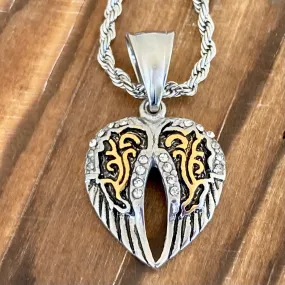 Angel Wing Heart Mini - Pendant - Rope Necklace - Silver & Gold Bling - LAP034C