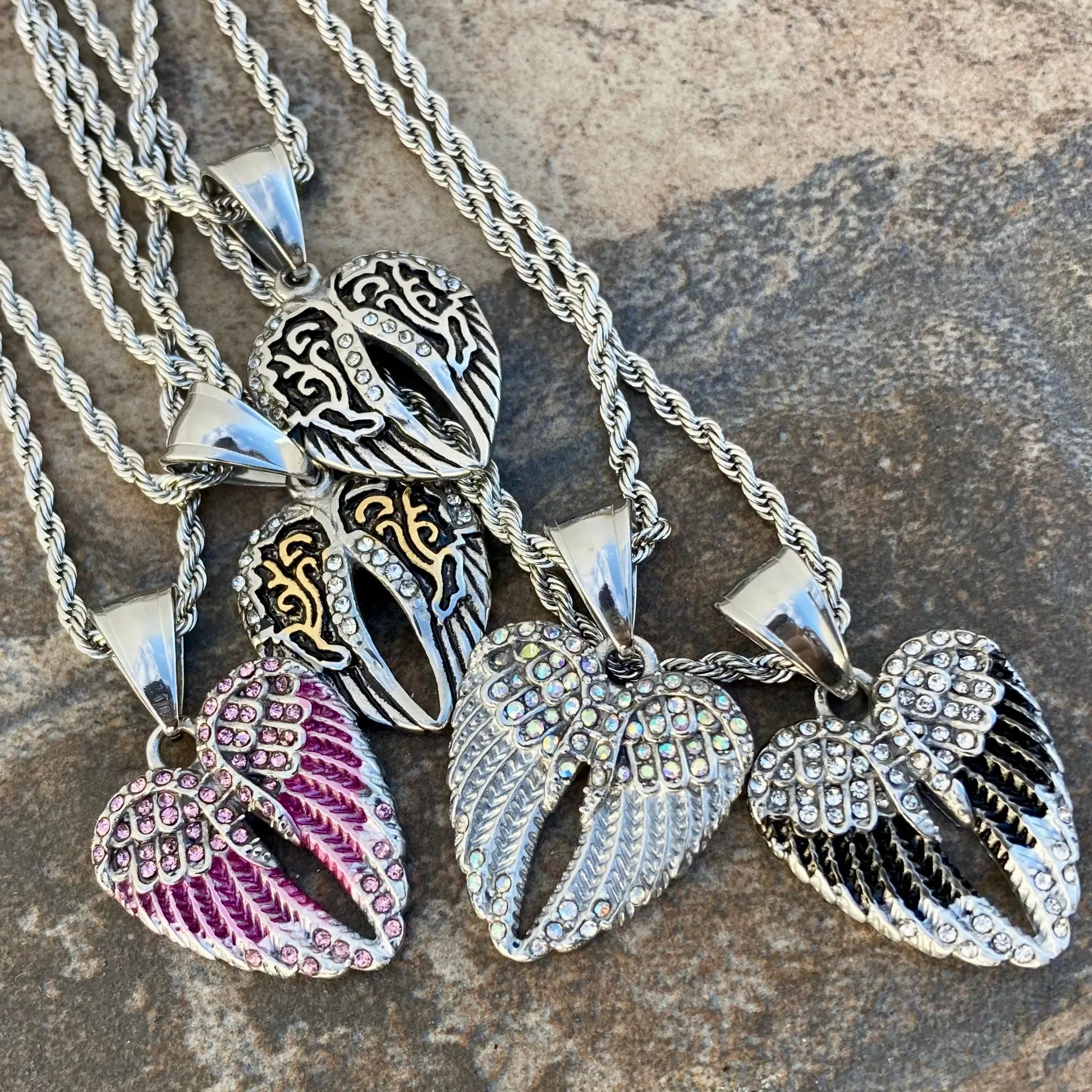 Angel Wing Heart Mini - Pendant - Rope Necklace - Silver & Gold Bling - LAP034C