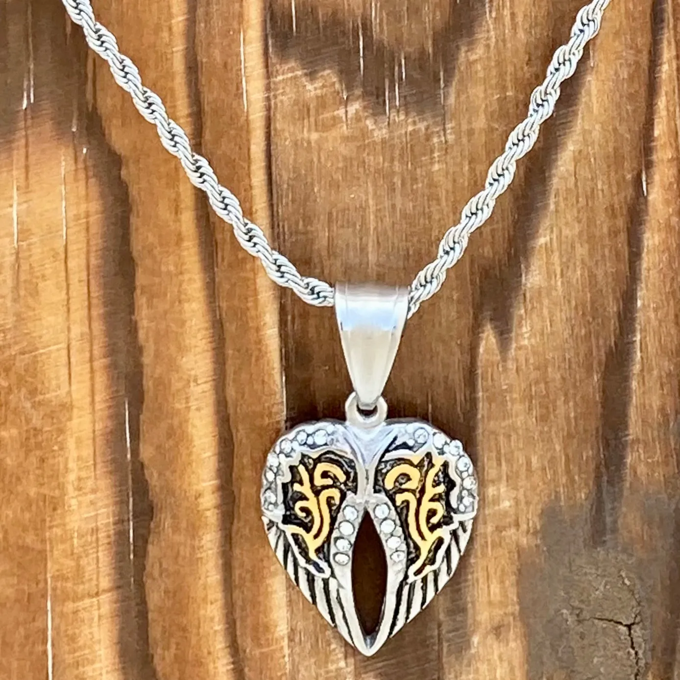 Angel Wing Heart Mini - Pendant - Rope Necklace - Silver & Gold Bling - LAP034C