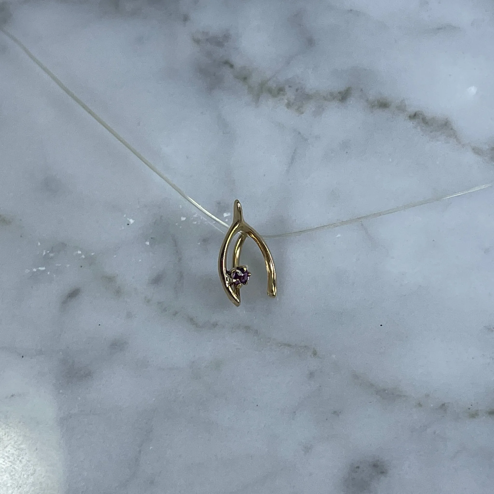 Antique Amethyst Wishbone Pendant in 14K Yellow Gold. Upcycled Repurposed Hatpin. January Birthstone.