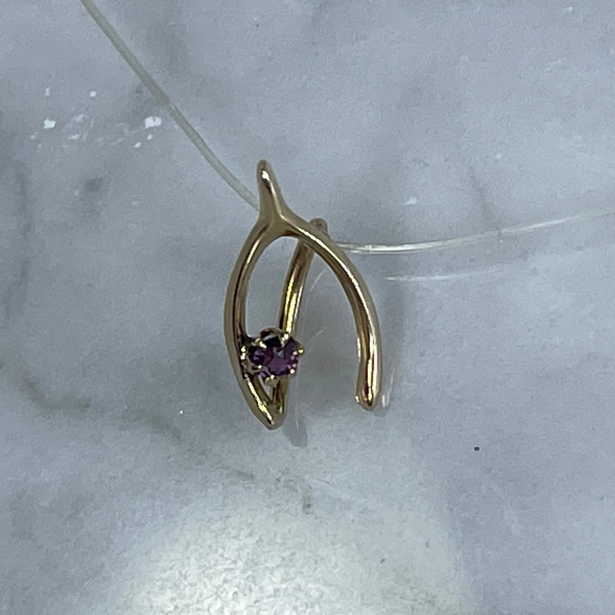 Antique Amethyst Wishbone Pendant in 14K Yellow Gold. Upcycled Repurposed Hatpin. January Birthstone.