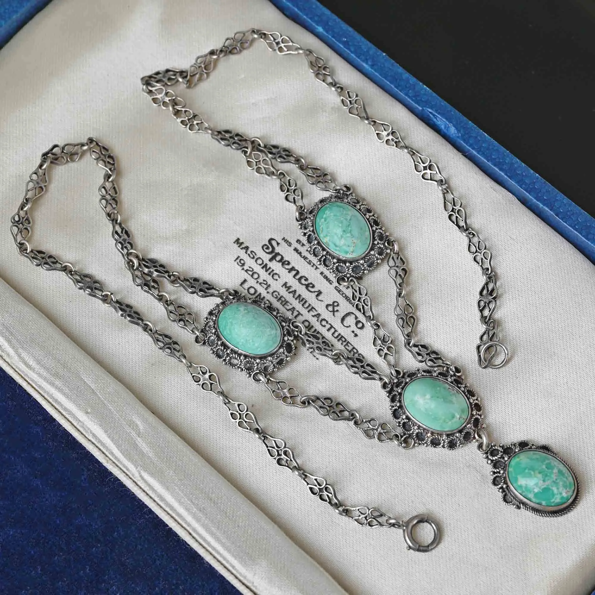 Antique Silver Etruscan Turquoise Festoon Necklace