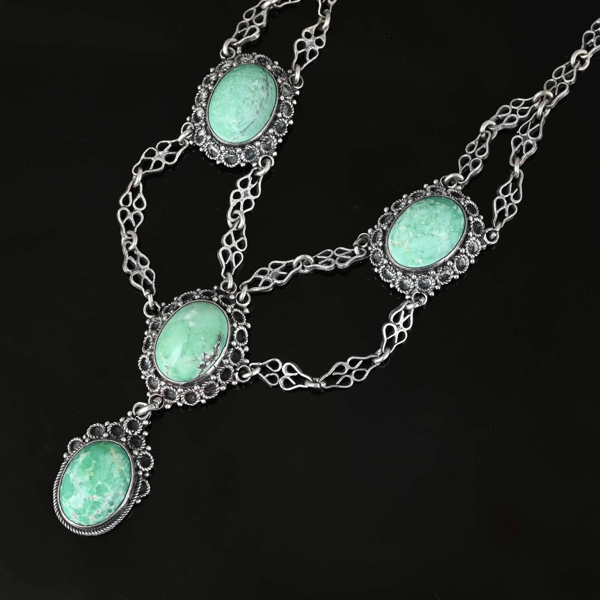 Antique Silver Etruscan Turquoise Festoon Necklace