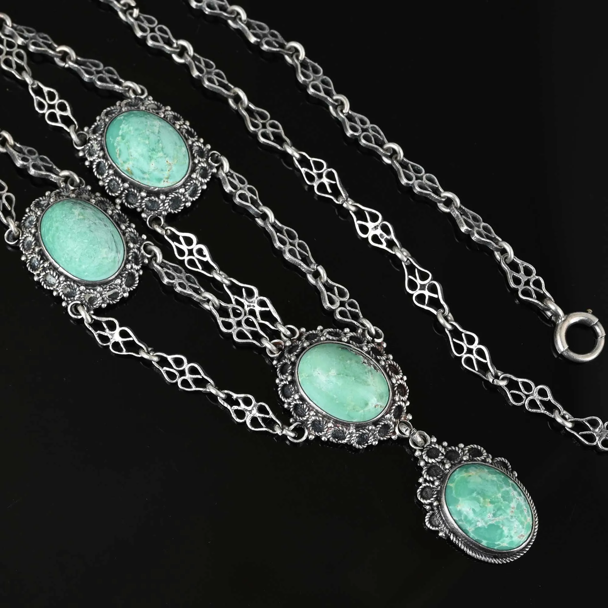 Antique Silver Etruscan Turquoise Festoon Necklace