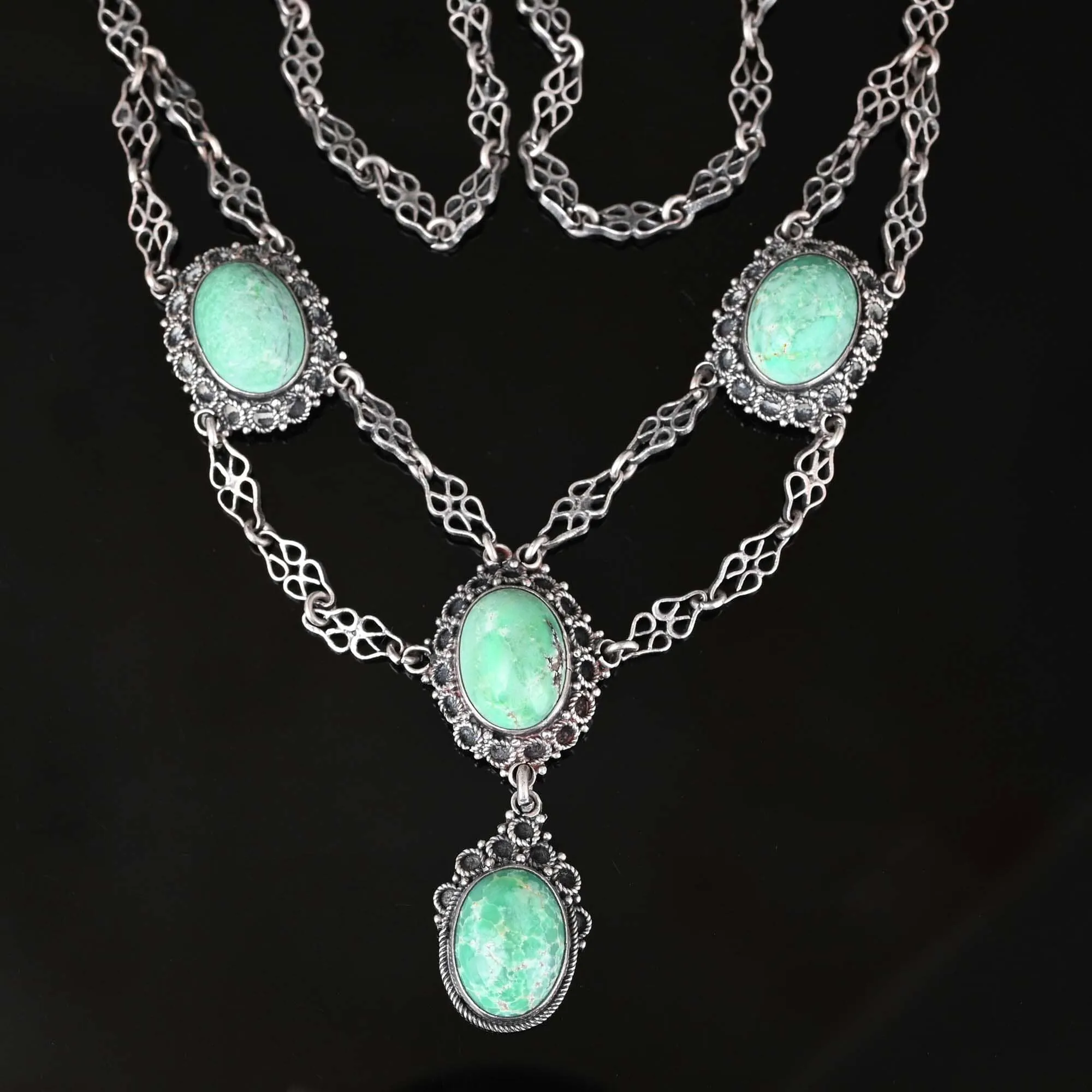 Antique Silver Etruscan Turquoise Festoon Necklace