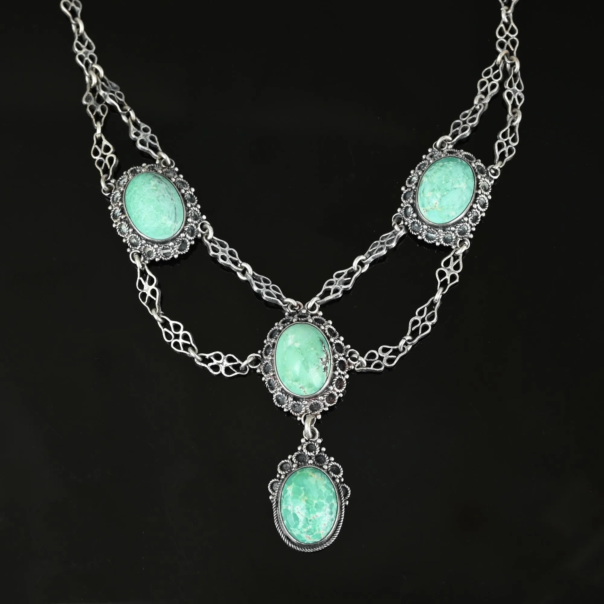 Antique Silver Etruscan Turquoise Festoon Necklace