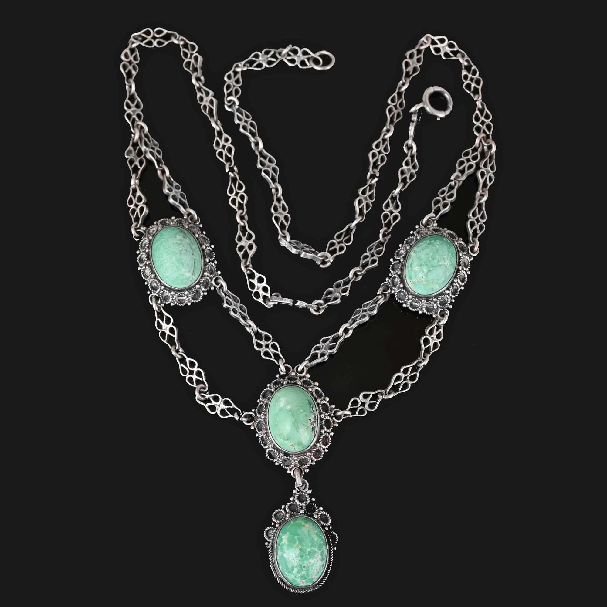 Antique Silver Etruscan Turquoise Festoon Necklace