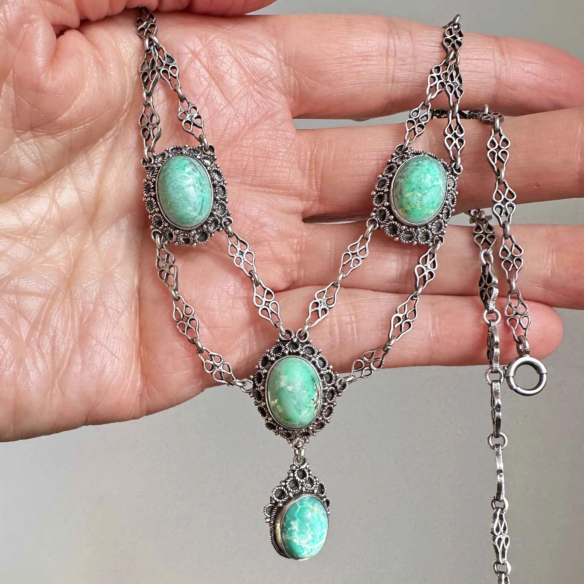 Antique Silver Etruscan Turquoise Festoon Necklace