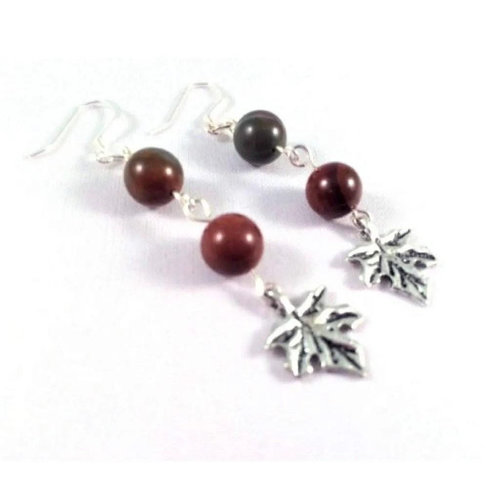 Apple Jasper Earrings with Maple Leaf Charm