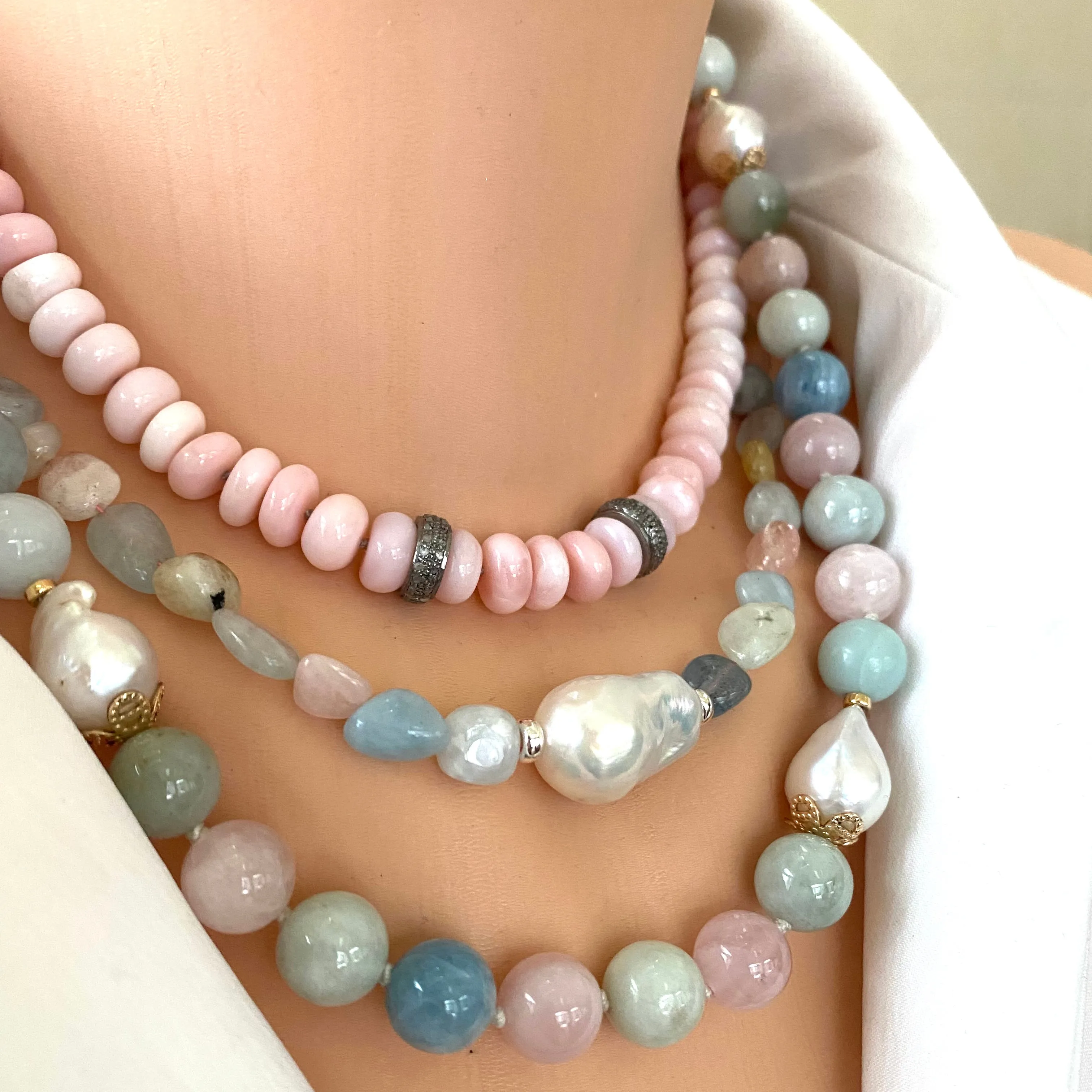 Aquamarine and Morganite Beaded Necklace Embellished with A Large Baroque Pearl, Sterling Silver