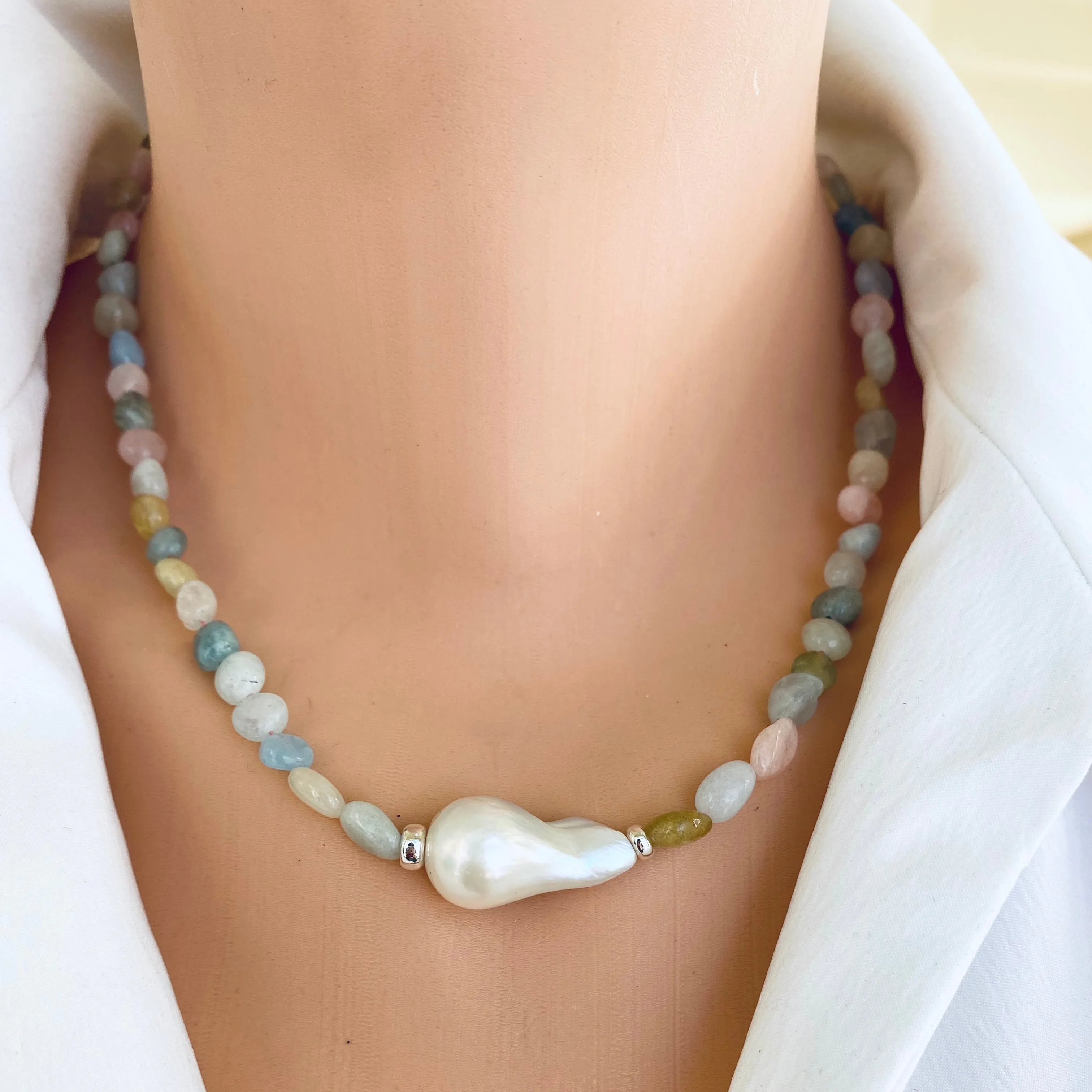 Aquamarine and Morganite Beaded Necklace Embellished with A Large Baroque Pearl, Sterling Silver