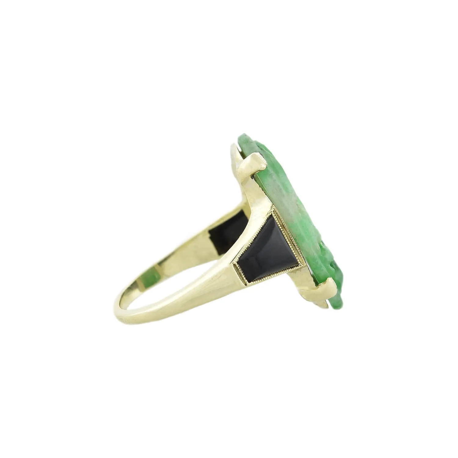 Art Deco 14kt Carved Natural Floral Jadite   Onyx Ring