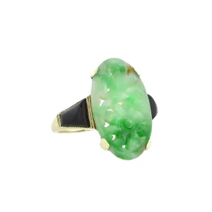 Art Deco 14kt Carved Natural Floral Jadite   Onyx Ring