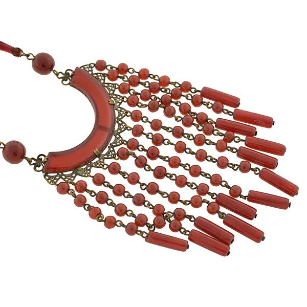 Art Deco Czechoslovakian Brass & Faux Carnelian Glass Necklace