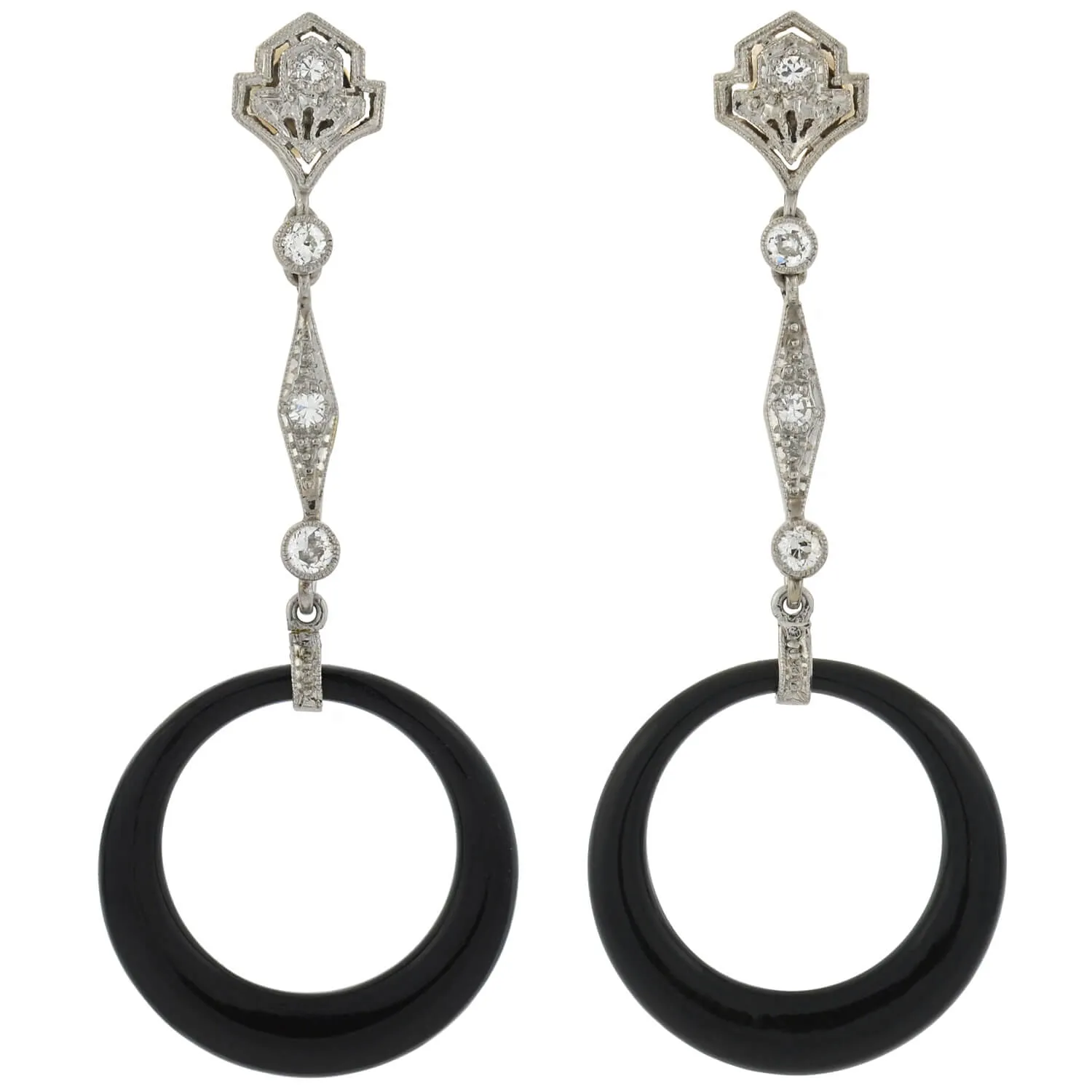 Art Deco Platinum Diamond, Jadeite, Onyx   Rock Crystal Convertible Earrings