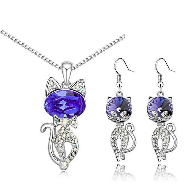 Austrian Crystal Cat Necklace & Earrings Fashion Jewelry Set