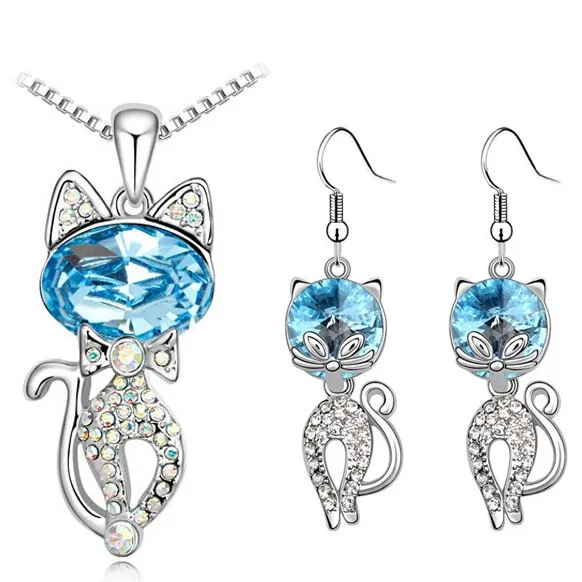 Austrian Crystal Cat Necklace & Earrings Fashion Jewelry Set