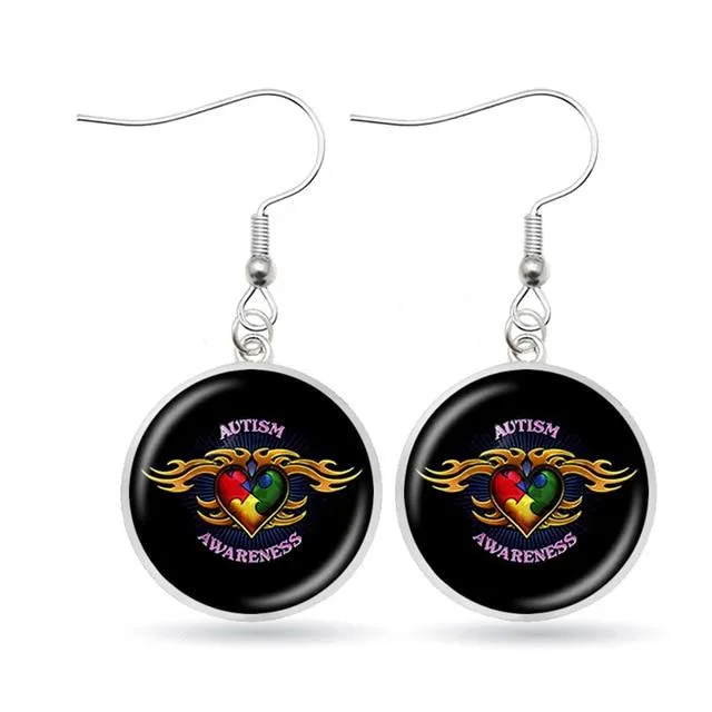 Autism Awareness Earrings Puzzle Drop Earrings Glass Dome Art Picture Fish Hook Earrings Souvenir Handmade Gift Jewelry