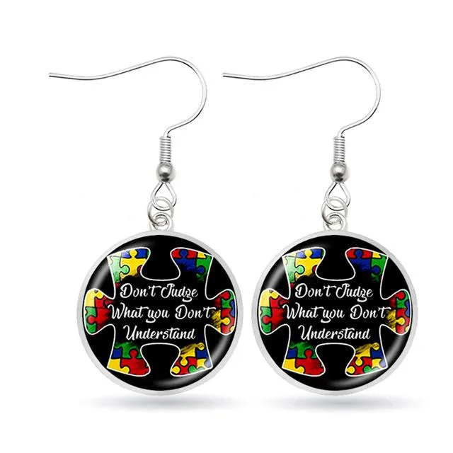 Autism Awareness Earrings Puzzle Drop Earrings Glass Dome Art Picture Fish Hook Earrings Souvenir Handmade Gift Jewelry