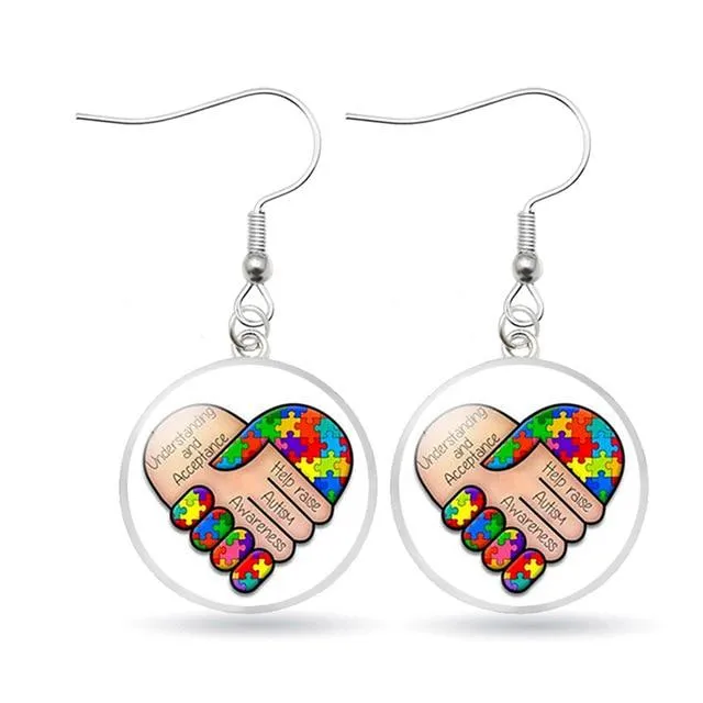 Autism Awareness Earrings Puzzle Drop Earrings Glass Dome Art Picture Fish Hook Earrings Souvenir Handmade Gift Jewelry