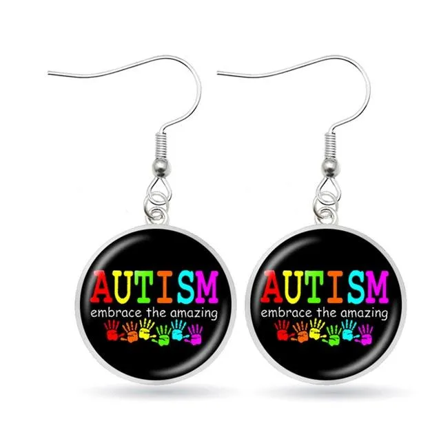 Autism Awareness Earrings Puzzle Drop Earrings Glass Dome Art Picture Fish Hook Earrings Souvenir Handmade Gift Jewelry