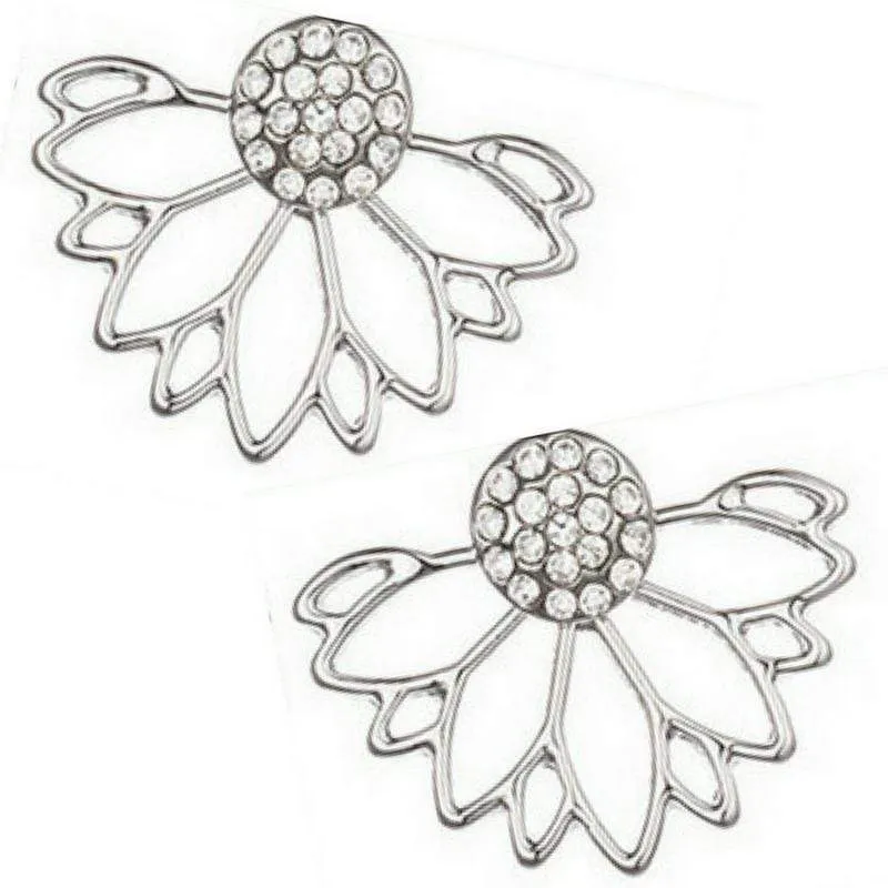 Backed By Floral Silver and White Rhinestone Ear Jacket Earrings