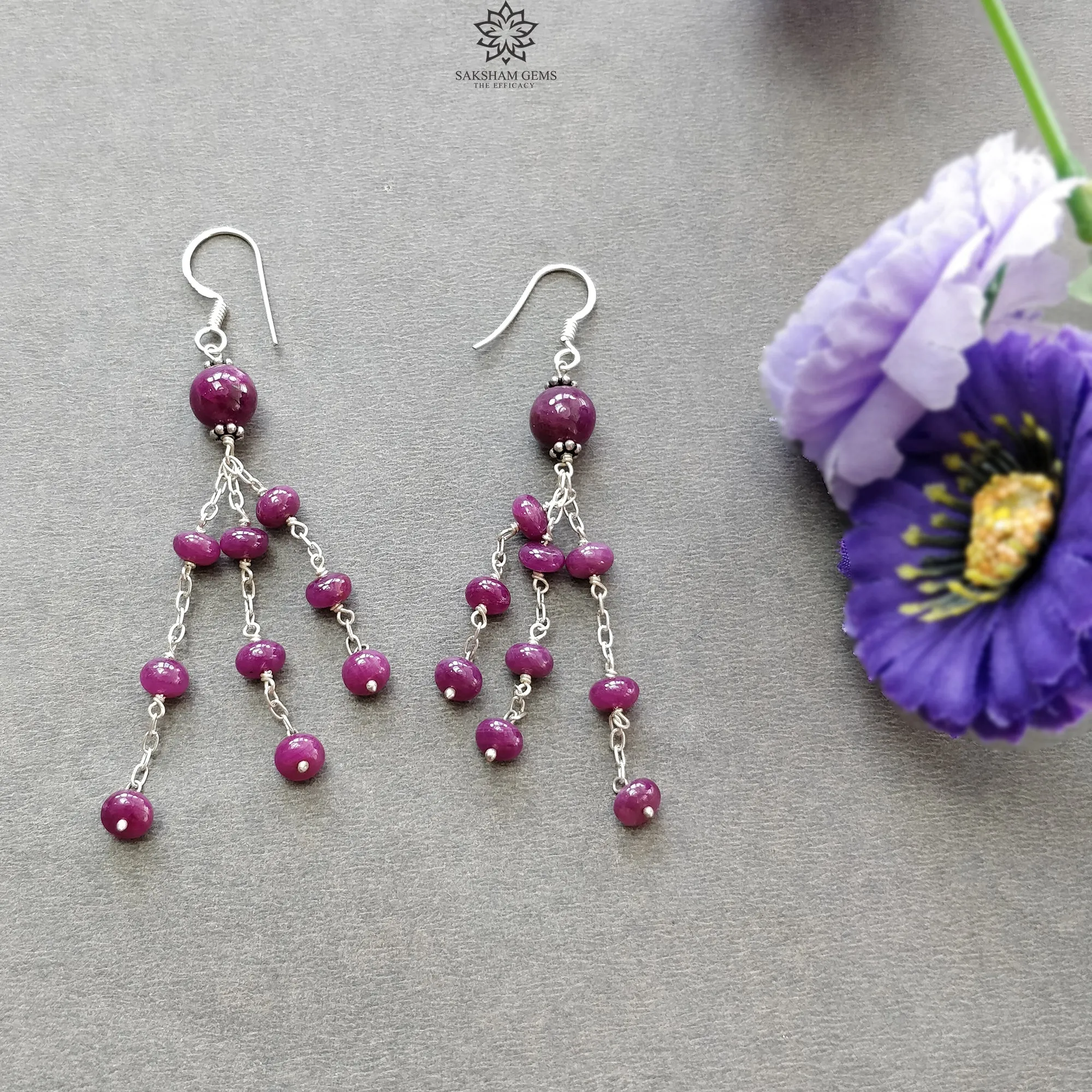 Beads Earring Ruby Beads Gemstone 925 Sterling Silver: 9.00gms Natural Untreated Long Drop Dangle Ear Wire Hook Earrings 3"