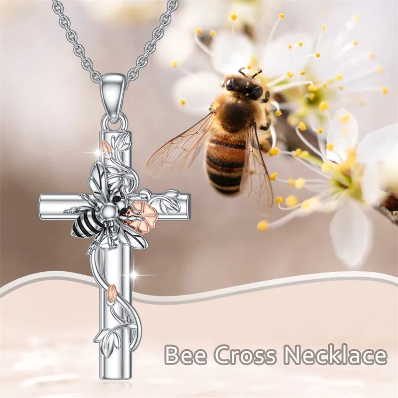 Bee/Hummingbird/Butterfly Necklace Cross Jewelry Gifts 925 Sterling Silver Cross Pendant Necklace for Her Women Girls