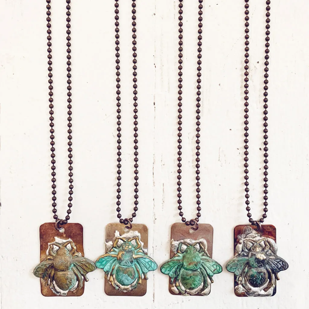 beeline // verdigris bee and soldered flame kissed copper dog tag pendant necklace