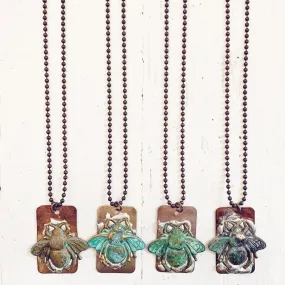 beeline // verdigris bee and soldered flame kissed copper dog tag pendant necklace