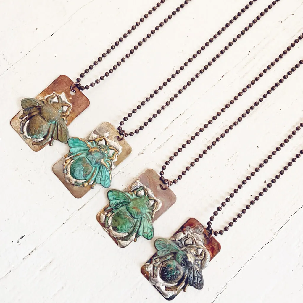 beeline // verdigris bee and soldered flame kissed copper dog tag pendant necklace