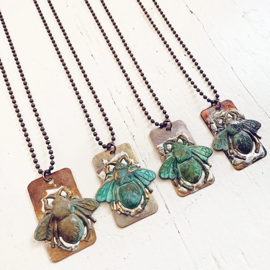 beeline // verdigris bee and soldered flame kissed copper dog tag pendant necklace