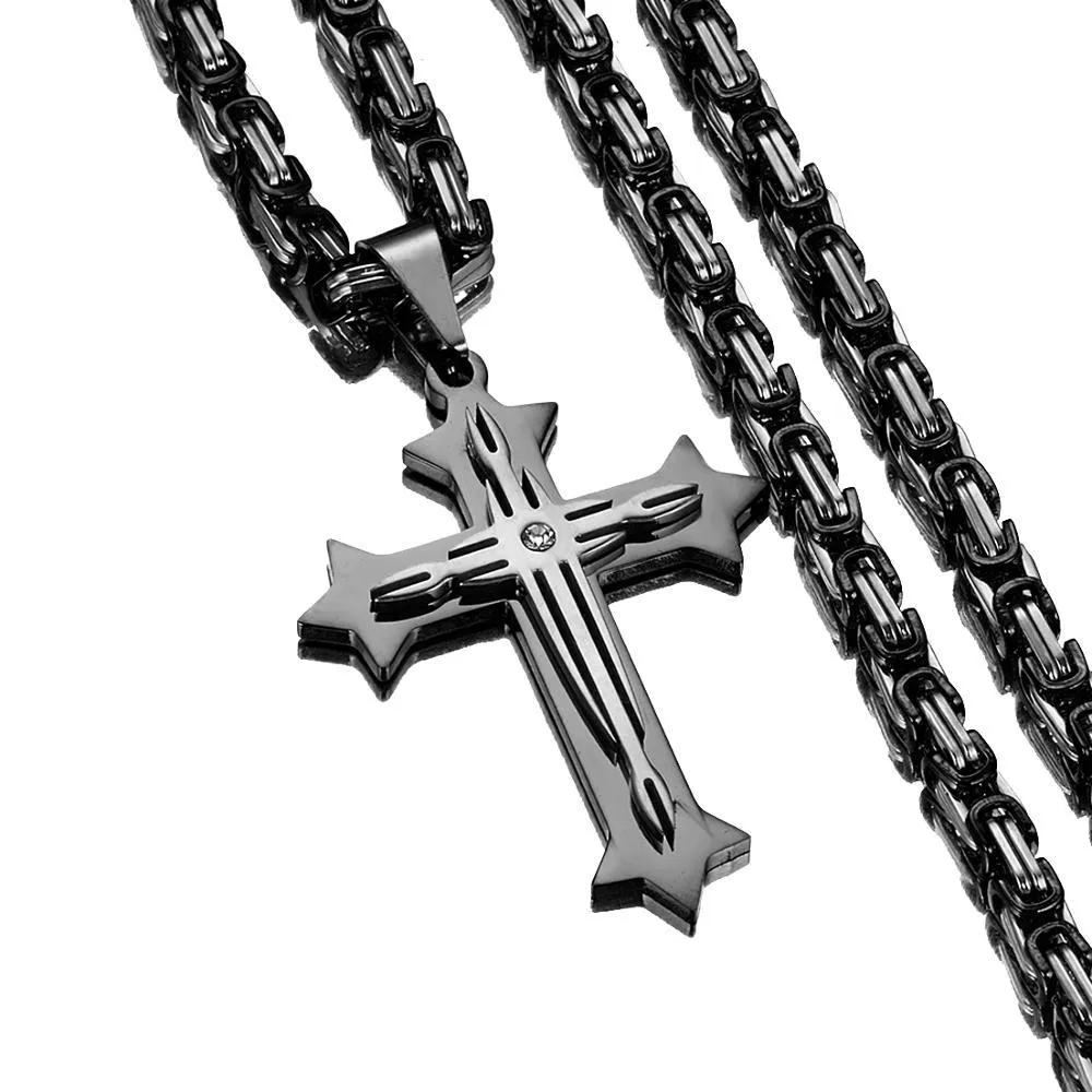 Black 2 Layer Cross Pendant with Byzantine Chain Necklace