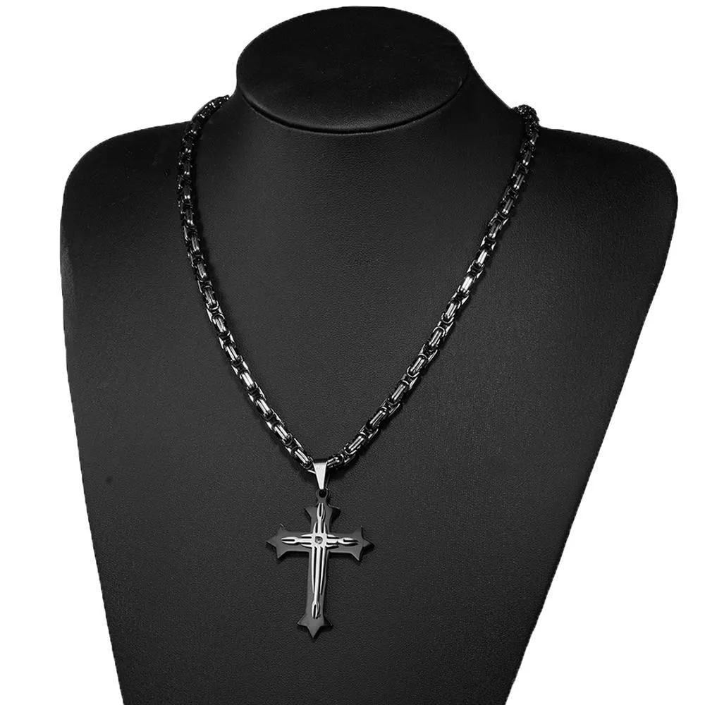 Black 2 Layer Cross Pendant with Byzantine Chain Necklace