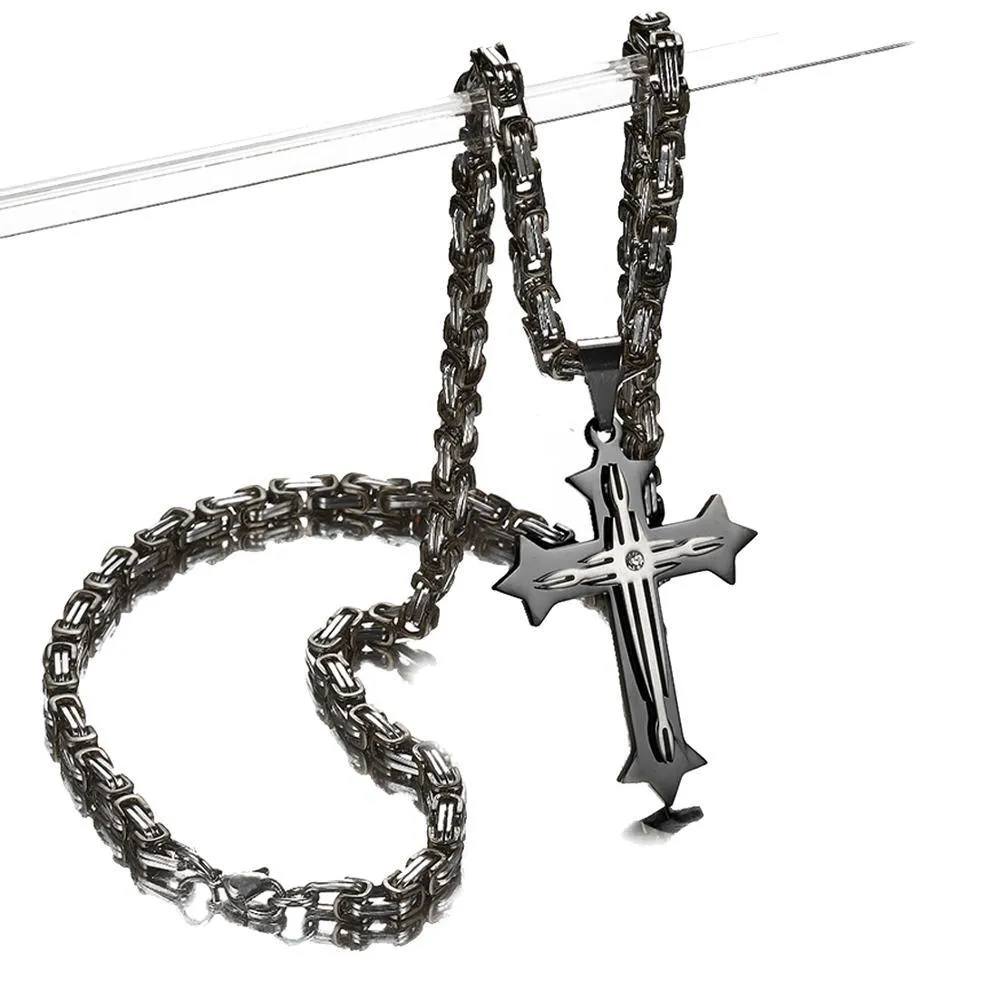 Black 2 Layer Cross Pendant with Byzantine Chain Necklace