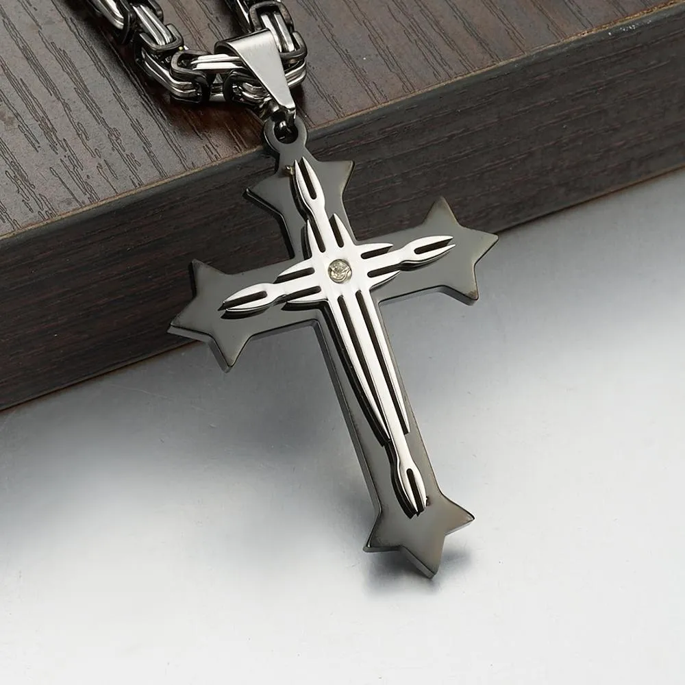 Black 2 Layer Cross Pendant with Byzantine Chain Necklace