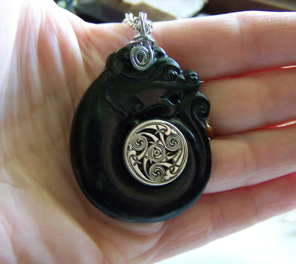 Black Jade Stone Dragon Spiral Gemstone Pendant