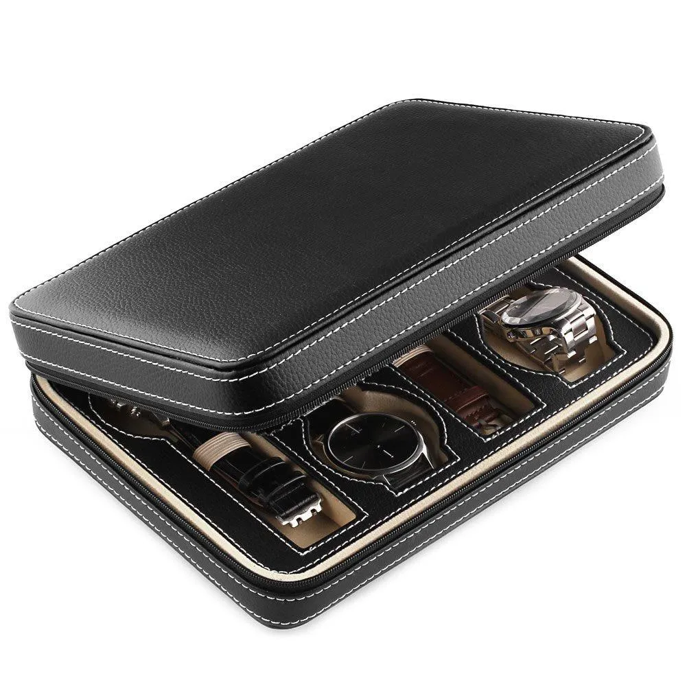 Black Leather Watch and Jewelry Zippered Display Storage Box