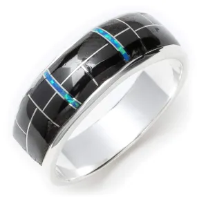 Black Onyx 925 Sterling Silver Ring USA Handmade with Laboratory Opal Accent