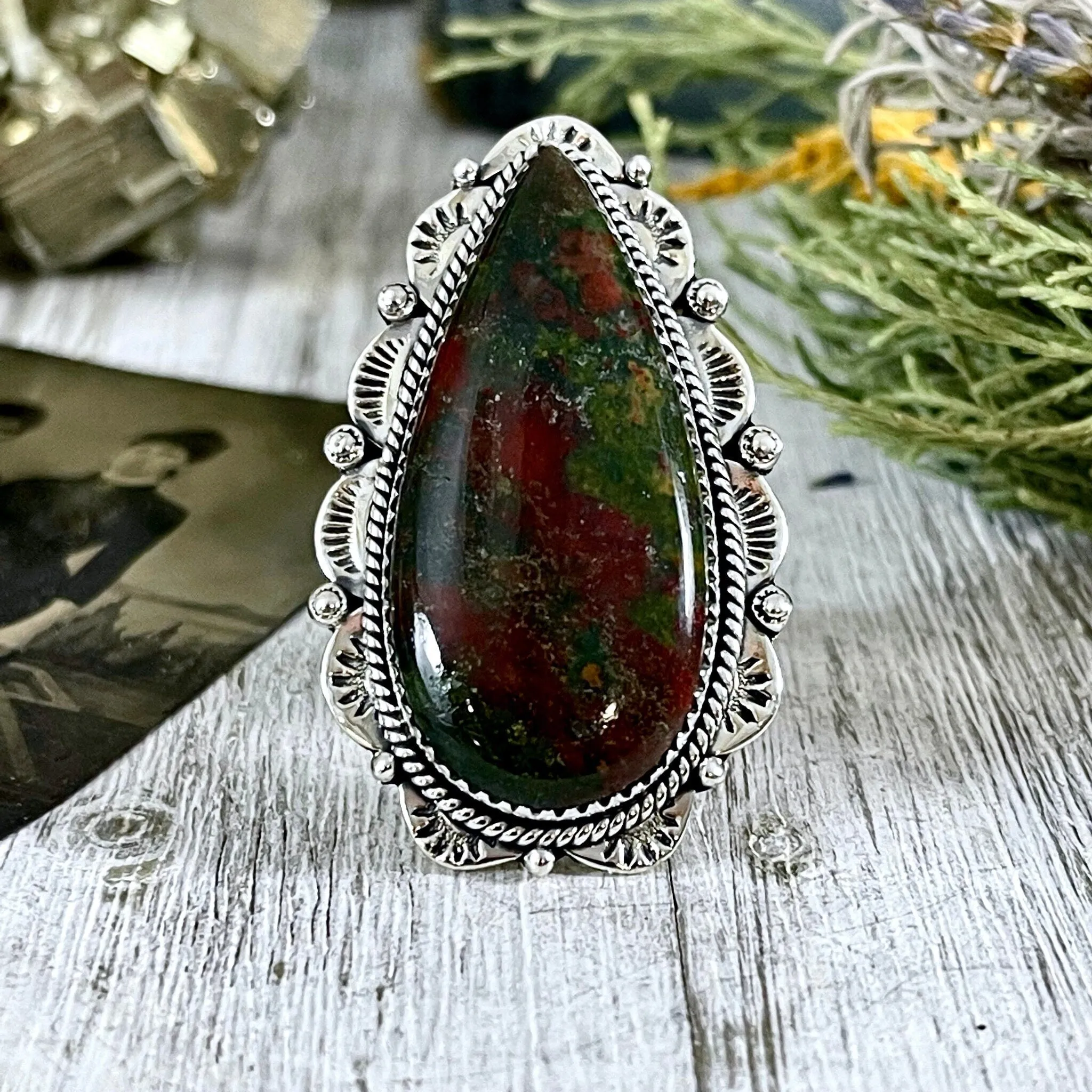 Bloodstone Teardrop Crystal Statement Ring Sterling Silver- Designed by FOXLARK Collection Adjustable Size- Adjustable to Size 6 7 8 9