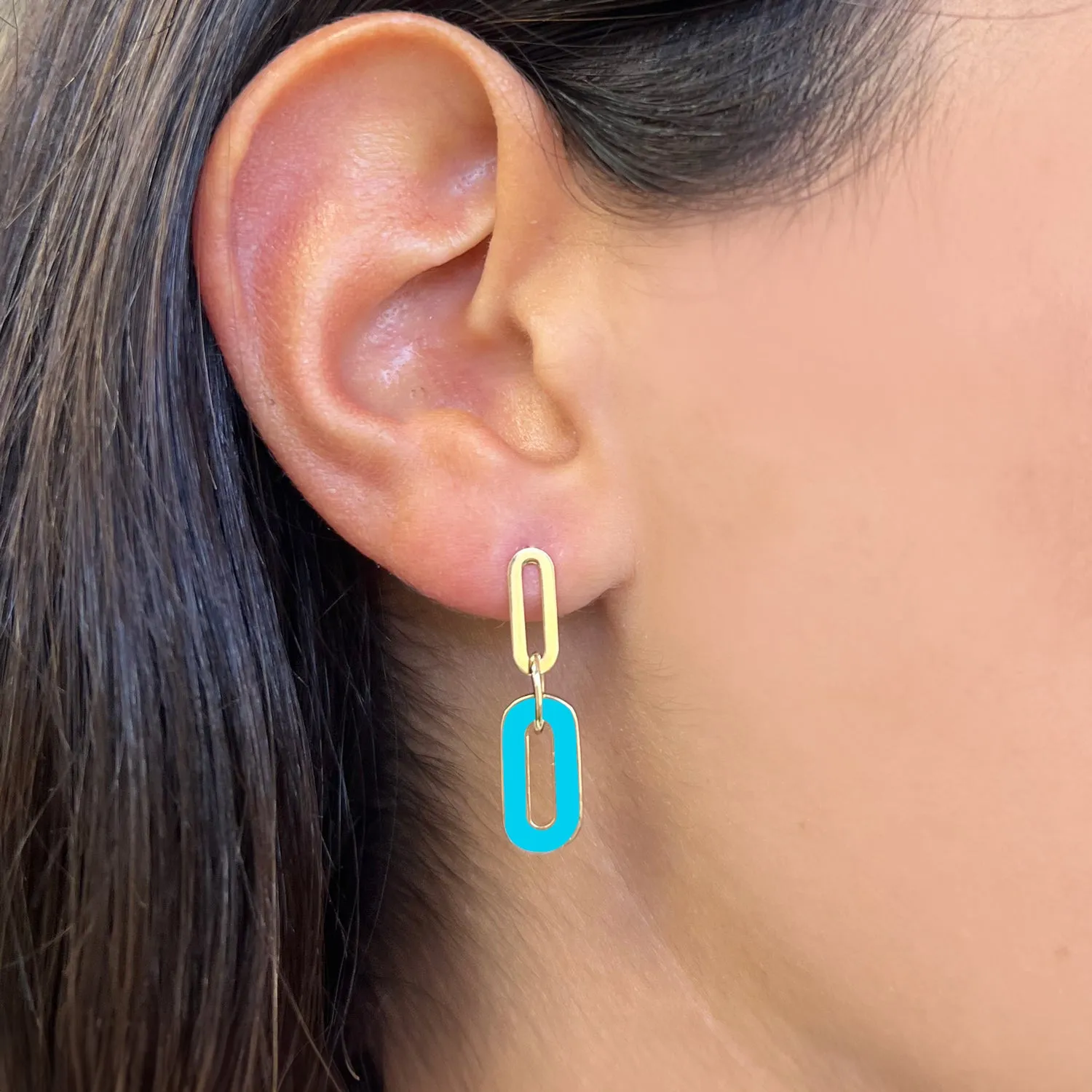 Blue Enamel Paperclip Link Earrings